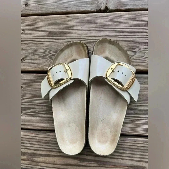 BIRKENSTOCK MADRID BIG BUCKLE SLIDE SANDALS NATURAL LEATHER PATENT Sz 36 (5-5.5) - Picture 1 of 11